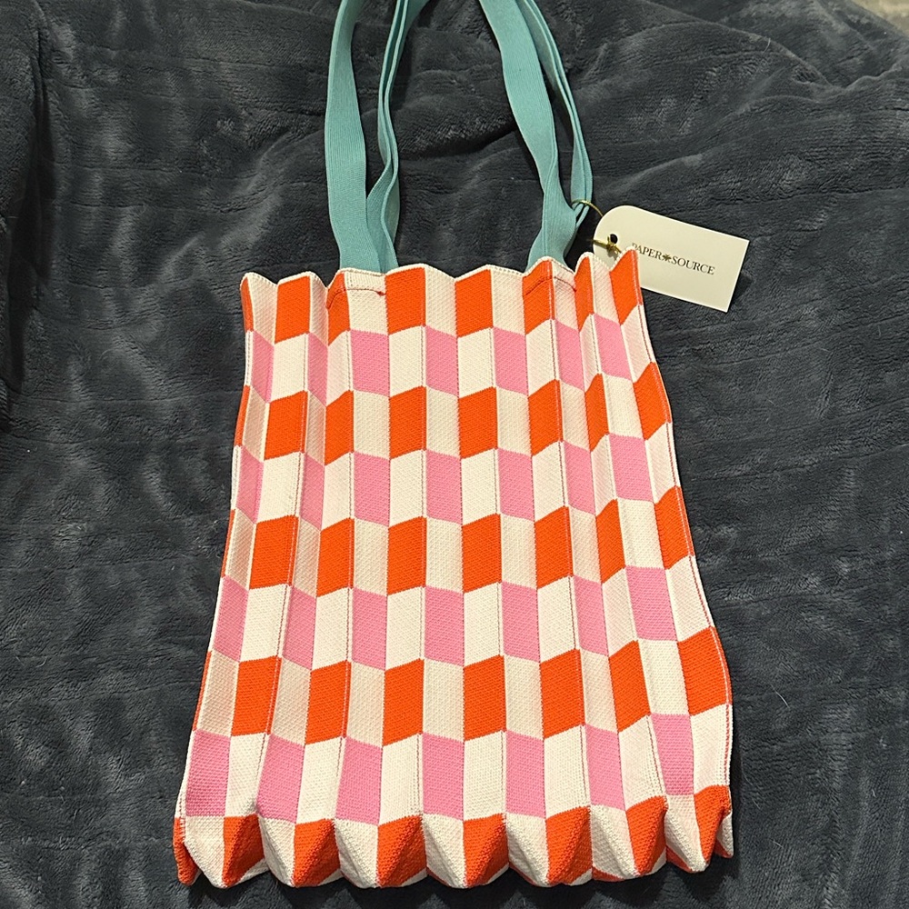 Paper Source Pink Red Orange Checkered Accordion Tote